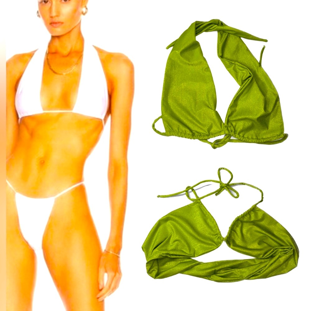 Monica Hansen Green Lurex Reversible Halter Bikini Top Shimmer Swim NWT L